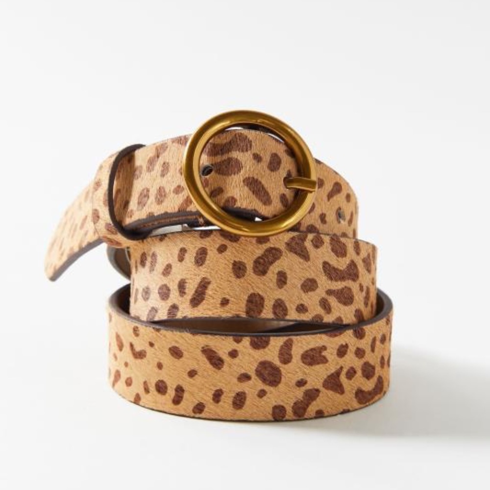 EUC Urban Outfitters Calf Hair Circle Buckle Leopard Print Belt Size Medium